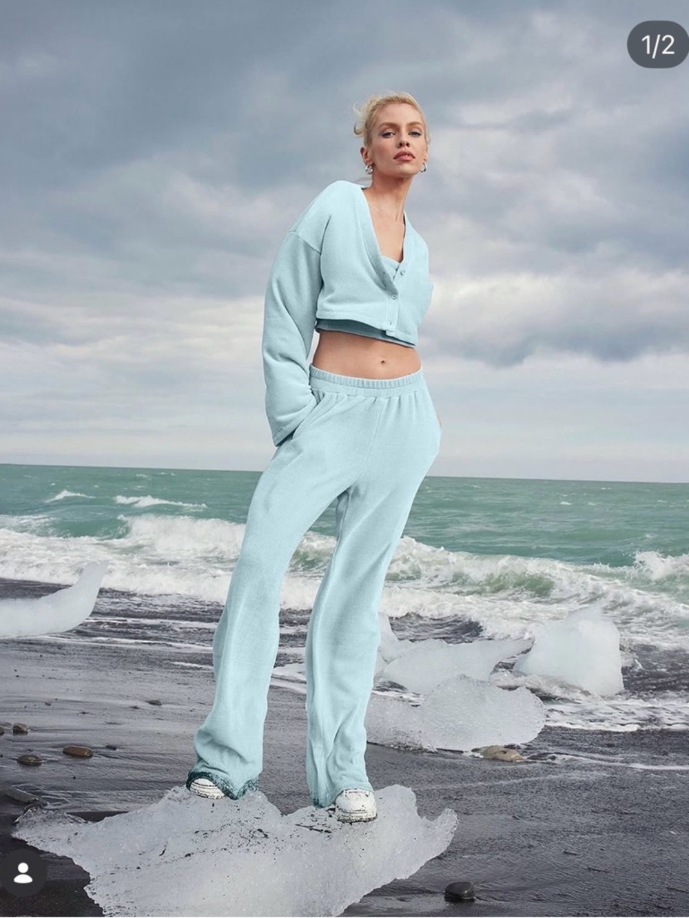 ALO Yoga Light Mint Waffle Knit V-Neck Top - Picture 2 of 5